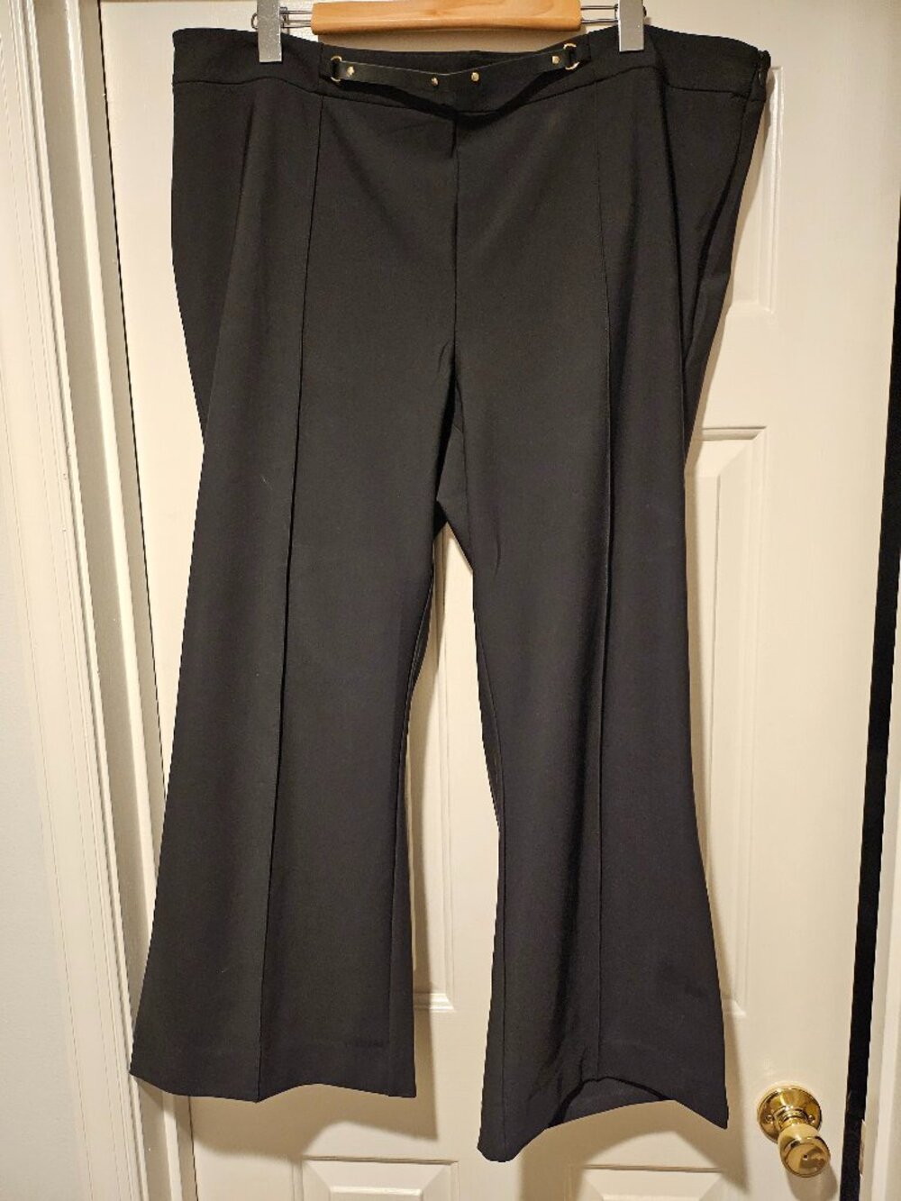Black Wide-Leg Dress Pants with Gold-Tone Waist Detail